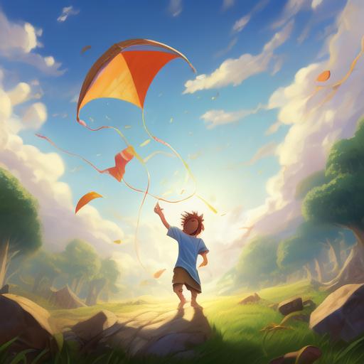 高高飞在天上,咱们呢,就在地上动漫男孩星空奔跑风筝纸飞机图片唯美