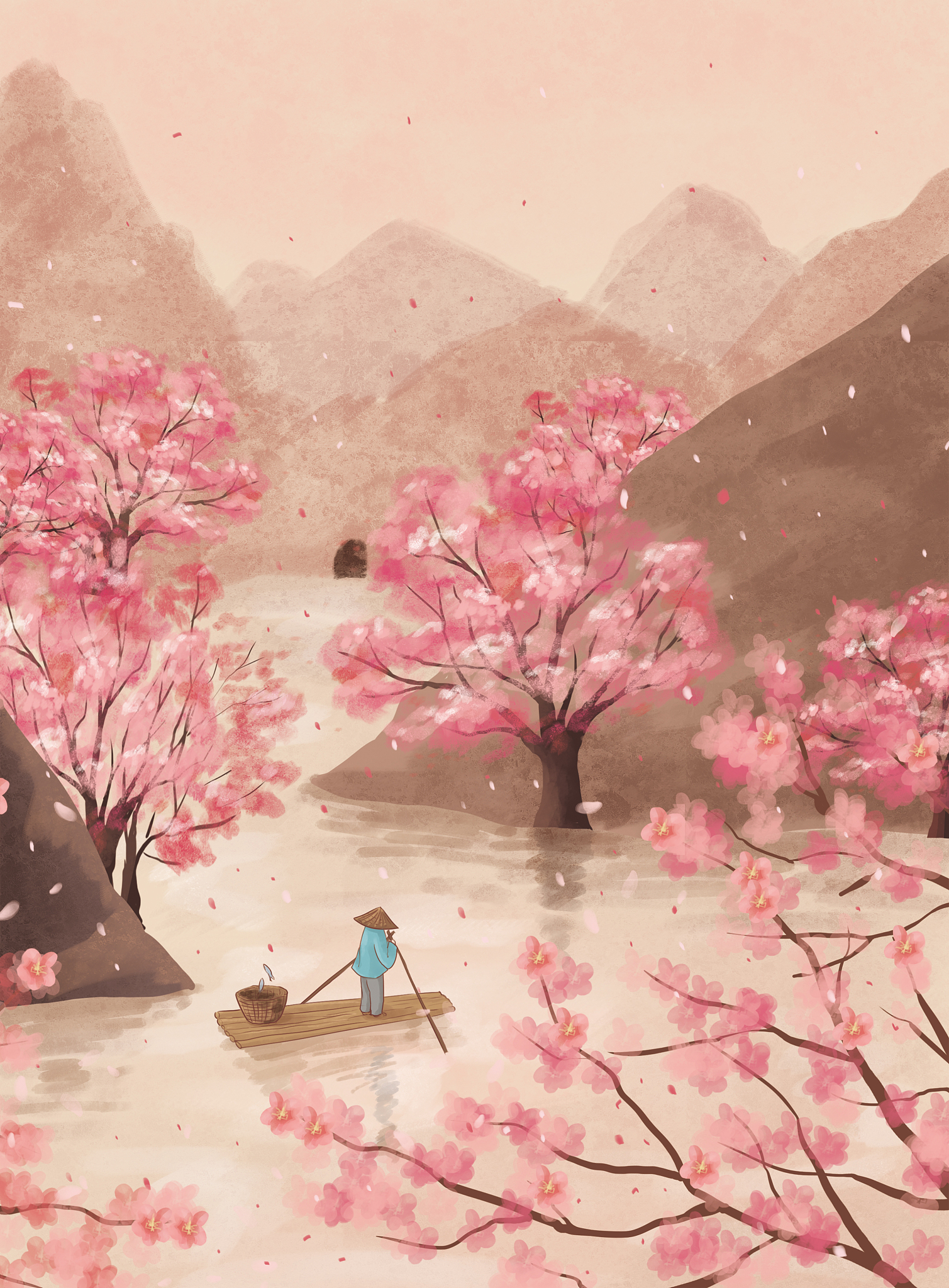 桃花源中寻仙踪,古径幽深心自静.阳光洒落青石上,溪水潺潺如乐鸣