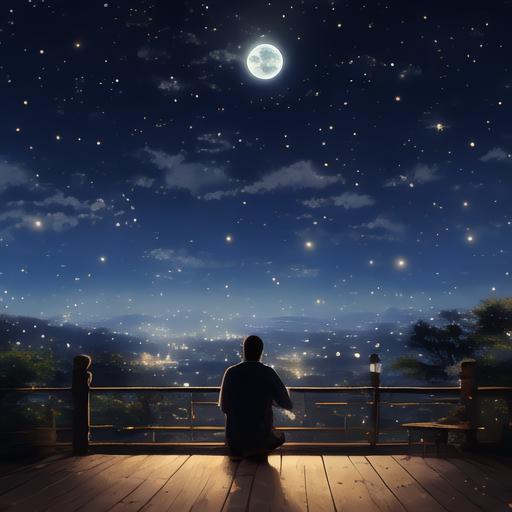 望月孤独图片和尚望夜晚星空月夜  繁星  躺在池塘草坪后羿孤独望月的