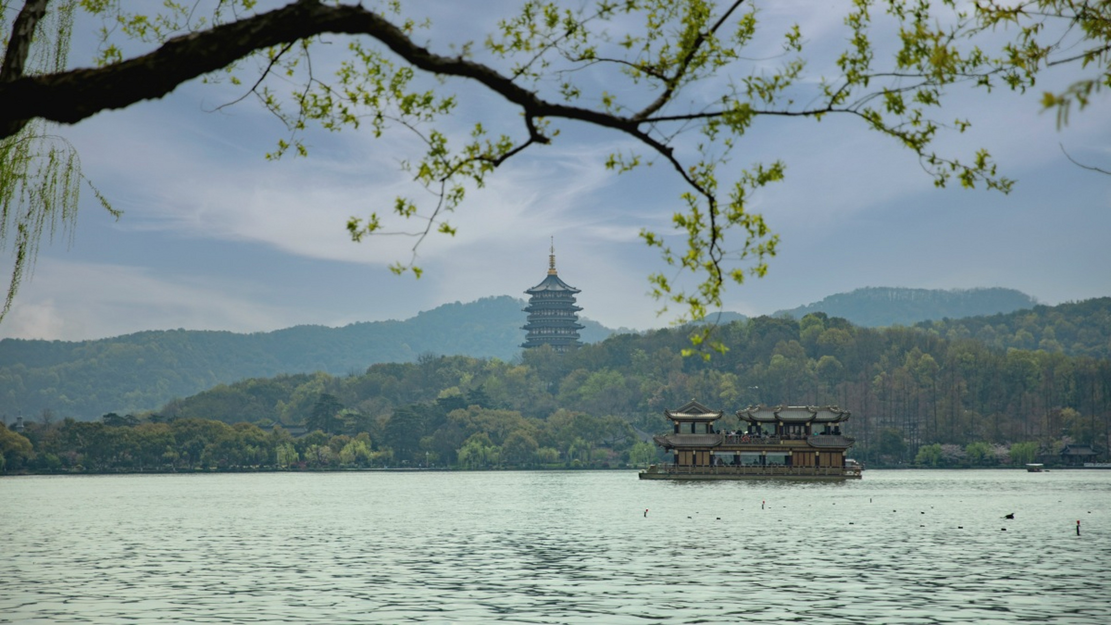 漫步杭州西湖,碧波荡漾映天光柳丝轻舞,花影婆娑,宛如画中行