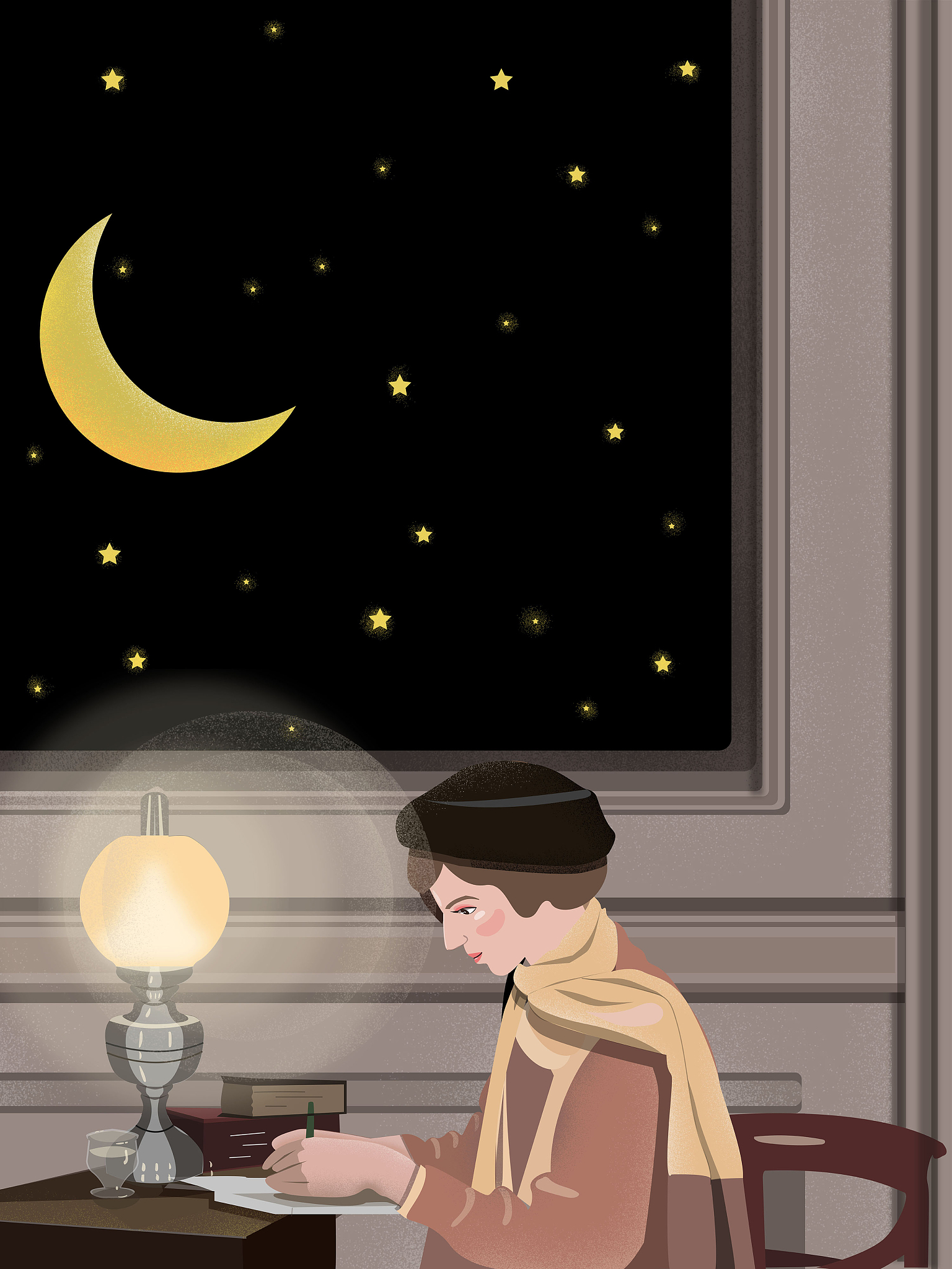 有所思夜有所梦配图妈妈沉思图片卡通女生在深夜台灯下写日记/画插画