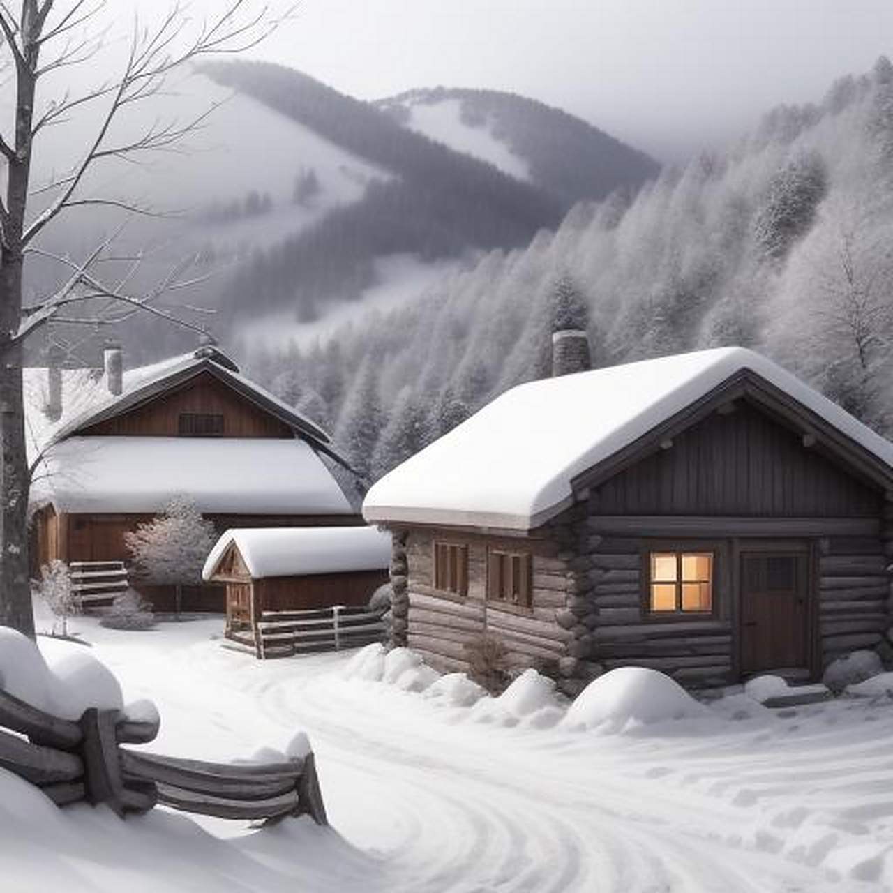 雪乡  雪中乡村静如画, 白雪皑皑山前挂.