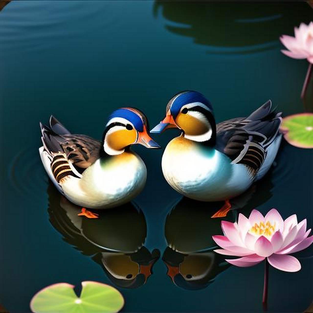 鸳鸯戏水映莲池, 双翼轻舞情意浓. 水中倒影难分辨, 恩爱两鸟共白头.