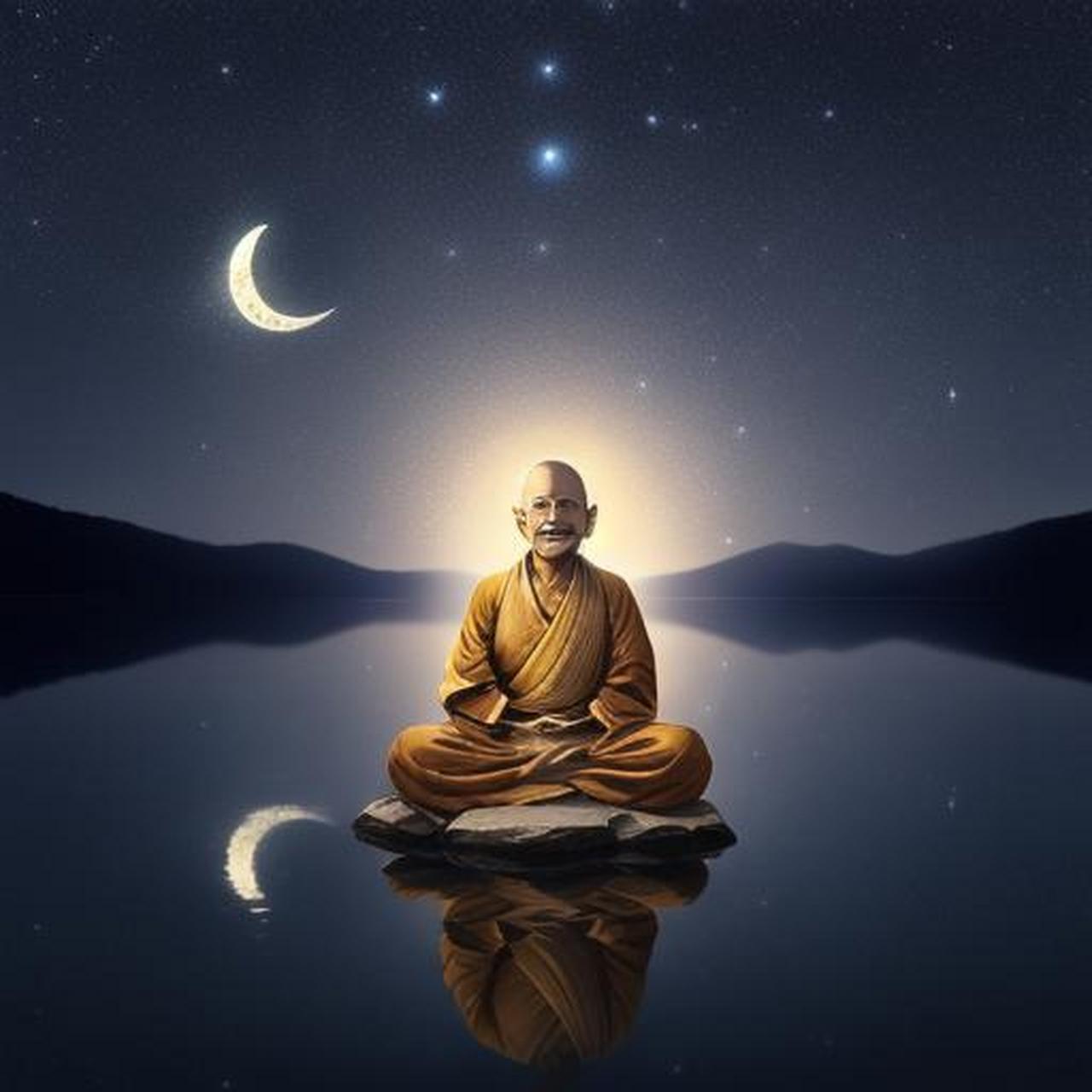 "93星星眨着眼,月亮微笑着照亮了这位禅坐的僧人.