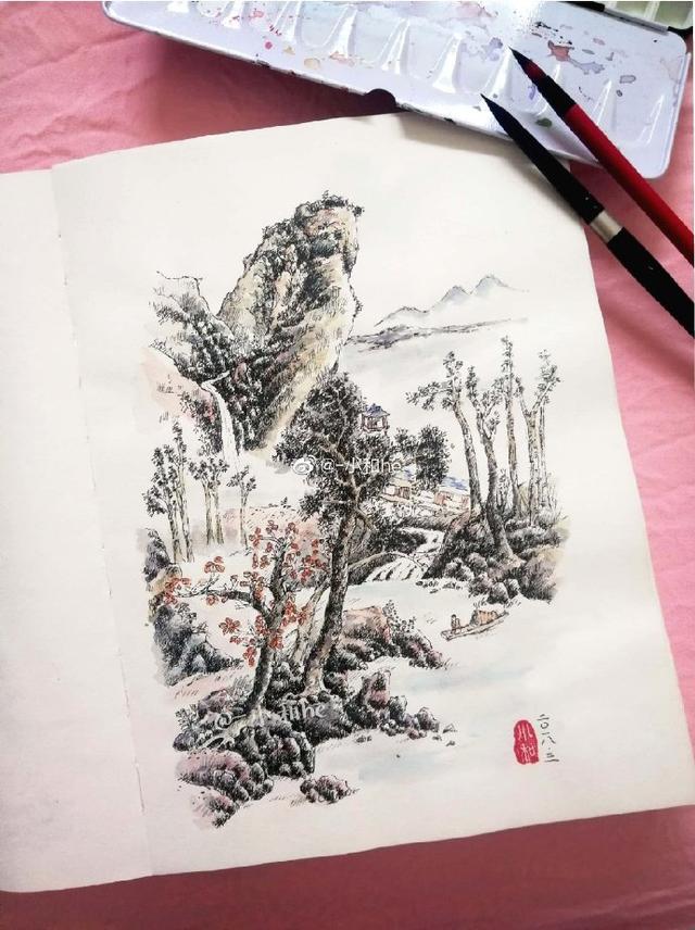 别样风格-中性笔山水