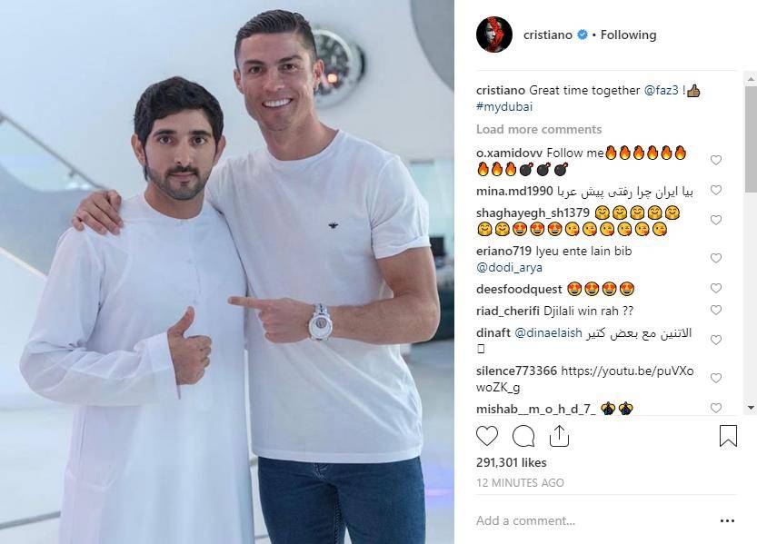 c罗也追星!晒与迪拜王子的合影,王子帅气有才华拥有680万粉丝