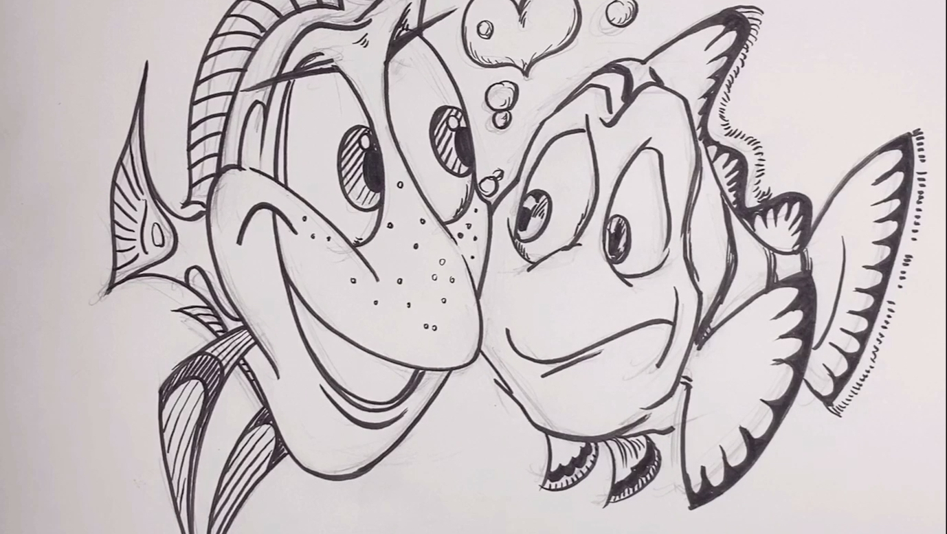 海底总动员小丑鱼马林和蓝唐王鱼多莉简笔画画画步骤简单