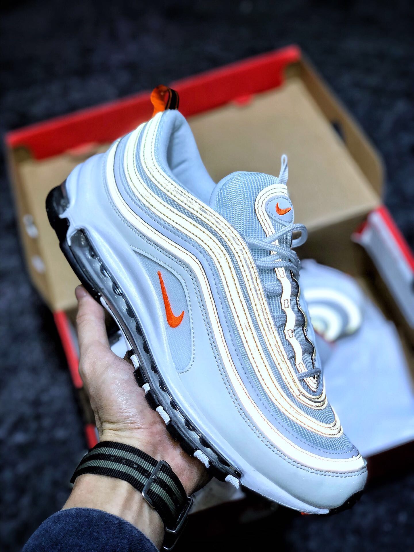 耐克nike air max 97 prm 3m反光子弹灰橙气垫跑鞋