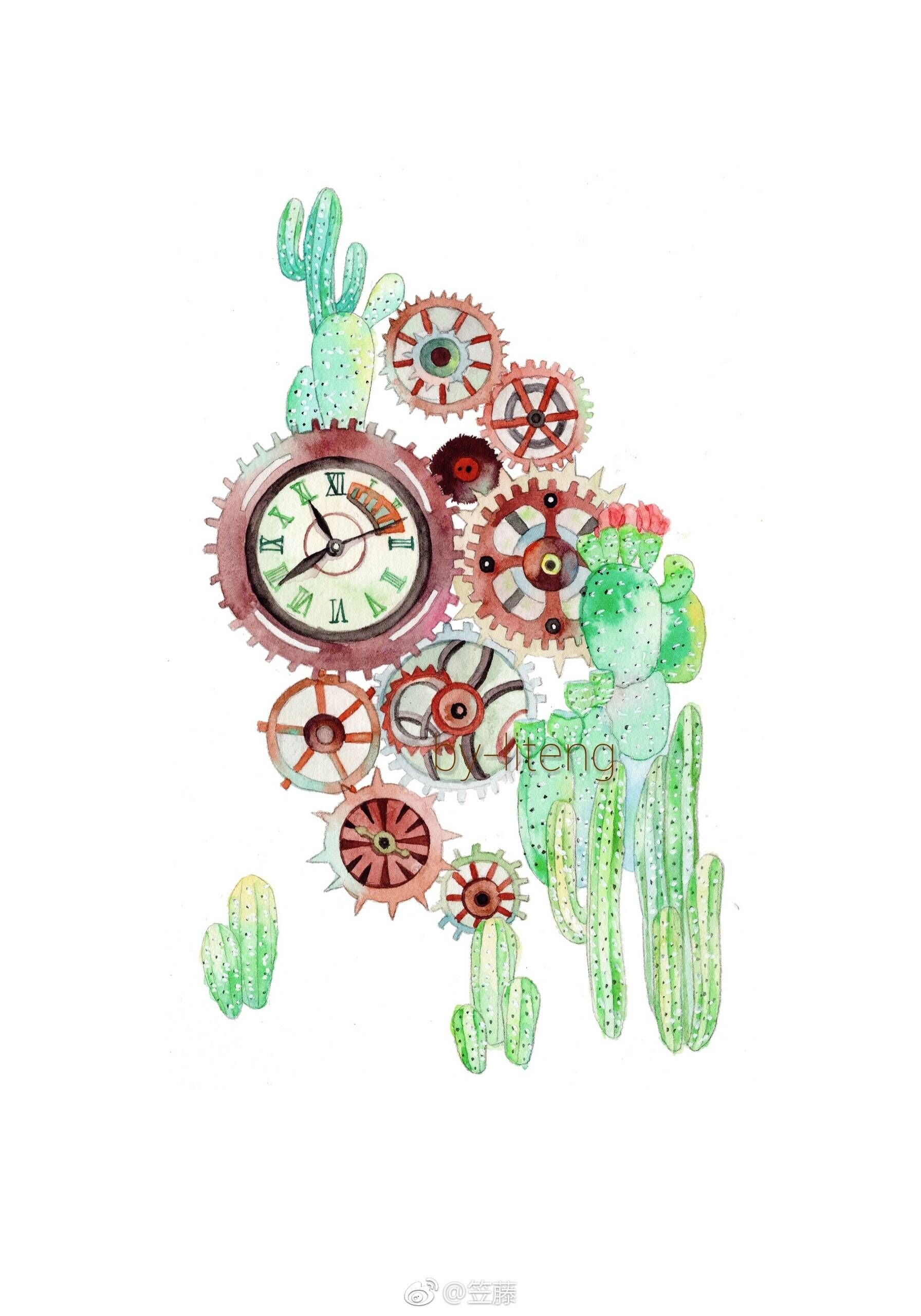水彩插画,一组清新可爱的水彩小时钟插画,桃花小时钟,插画师:笠藤