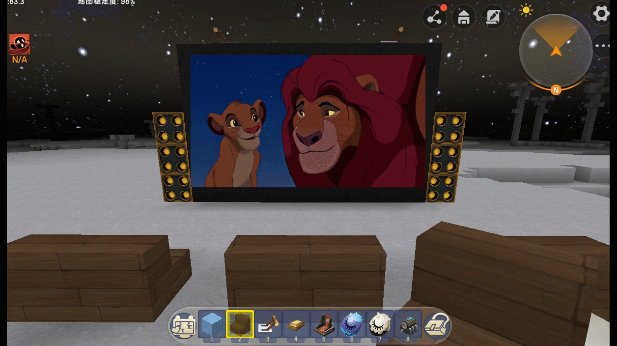 迷你世界:大神5步在月球造高清电视,播放"狮子王"引来大眼怪