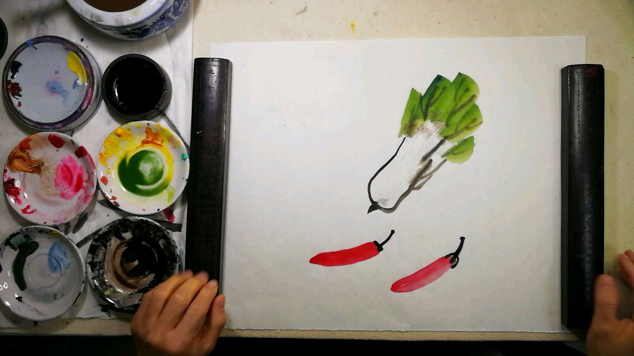 国画入门蔬果篇零基础教程。第十八章小青菜和辣椒画法:分步骤讲