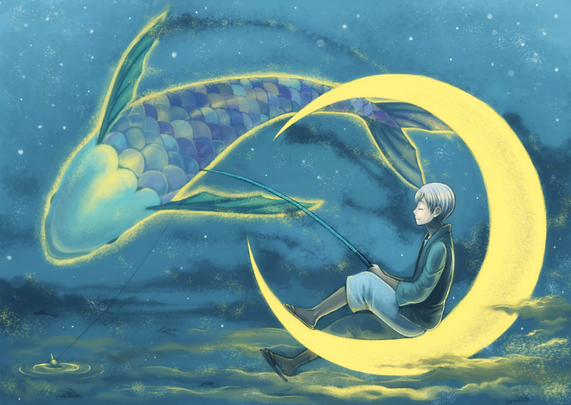 插画:月亮船,承载无数的思念,轻轻飘荡在夜空中