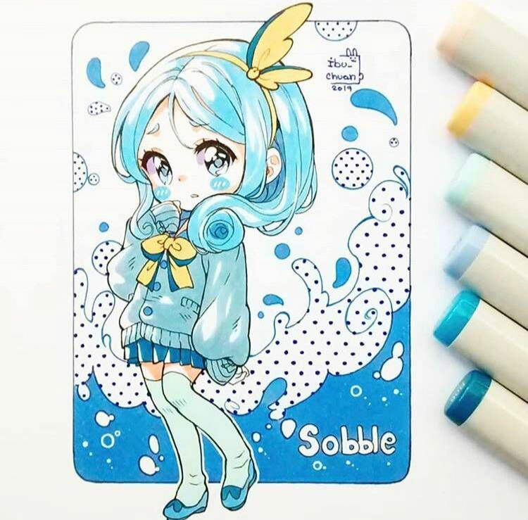 马克笔手绘女孩插画,表情鲜活灵动,呆萌可爱的蓝发女孩.