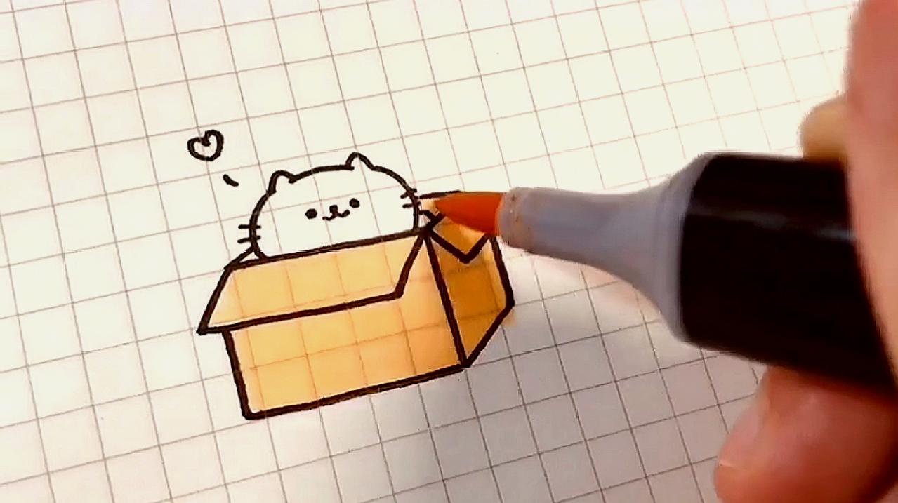 简笔画:你看那边有一只猫咪,正在从纸箱钻出来偷看你!