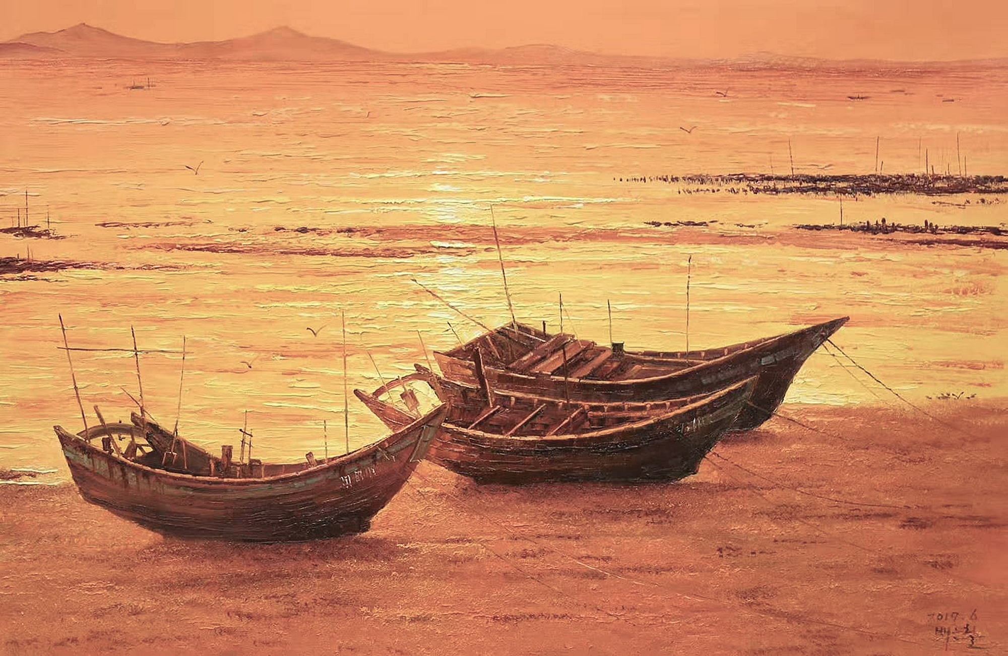 油彩画有船的风景