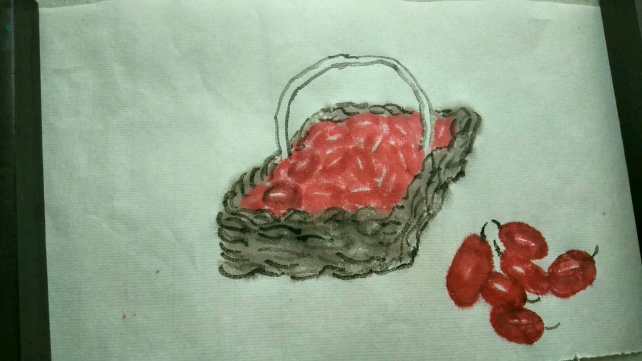 花鸟画68果蔬篇,红枣的画法,画一篮子红枣,真喜庆