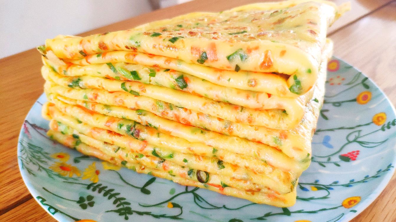 快速早餐蛋饼,加入各种蔬菜,柔软有营养,配方精确,成功率高