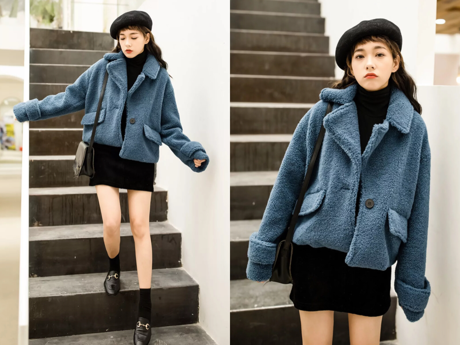 搭配1:蓝色短款羊羔毛大衣 黑色毛衣裙