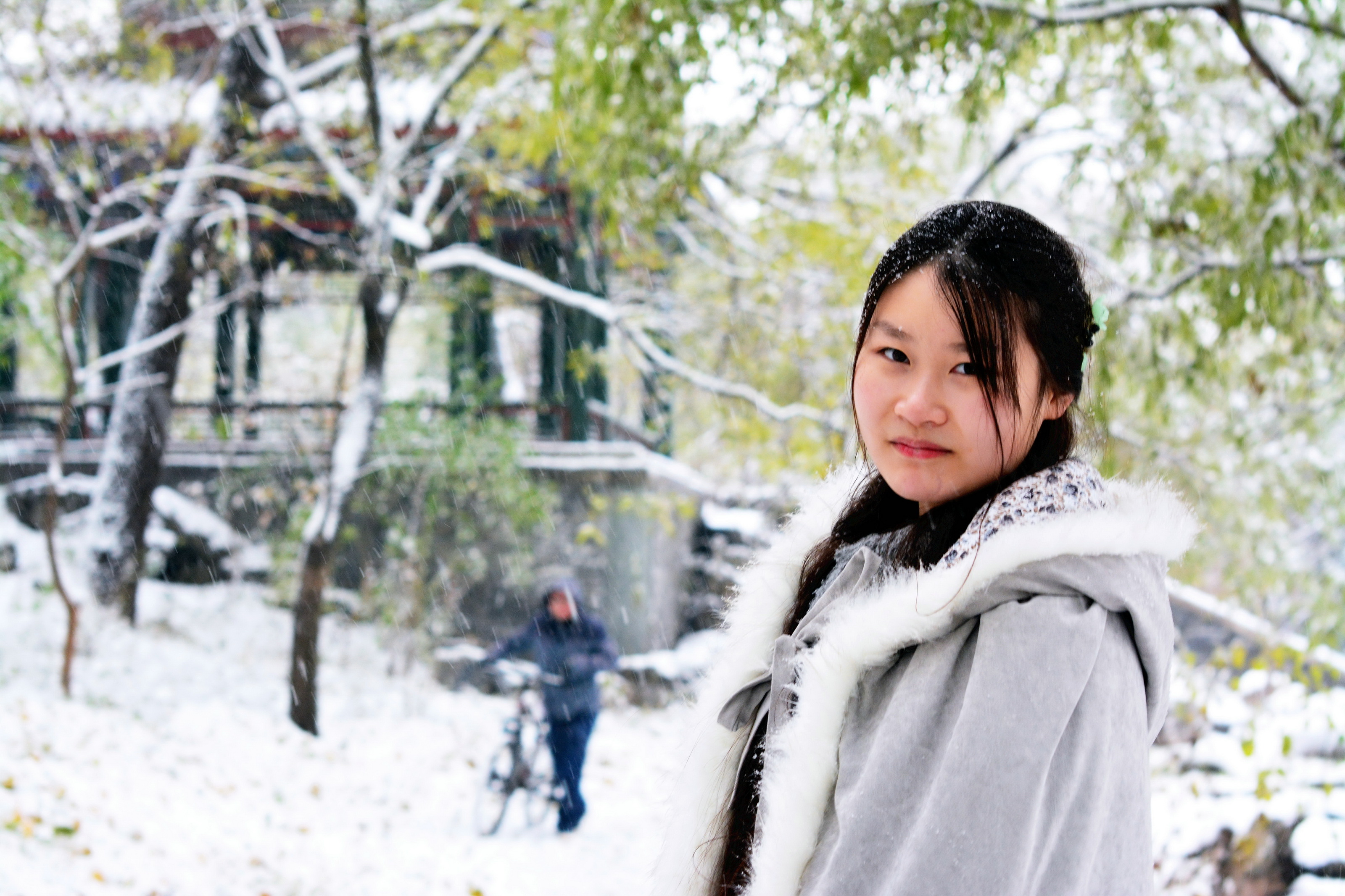 北大中文系美女披着斗篷踏雪寻梅,好像红楼梦中的片段,好有意境