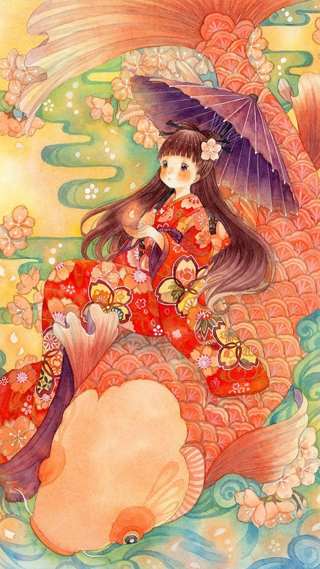 和风绘画,色彩丰富可爱的和风女孩插画,坐在金鱼上的和风女孩