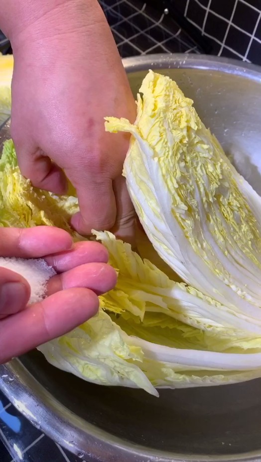 首先准备一颗大白菜,然后切成两半,再将大白菜的每一层都抹上食盐