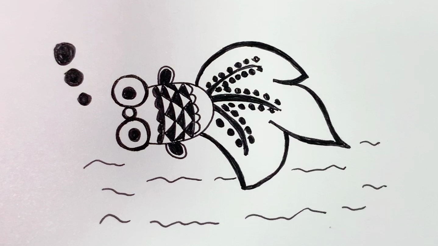 小金鱼黑白线描简笔画,小金鱼吐泡泡