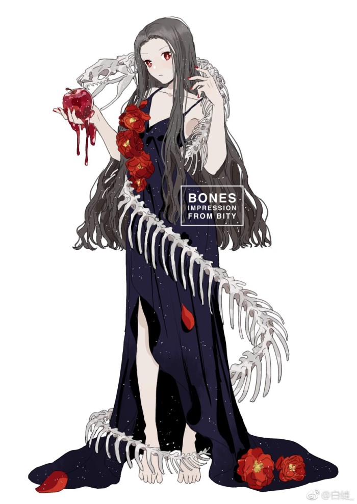 猎奇向唯美人物插画"骨"略带忧伤的病态美少女,既魅惑又神秘