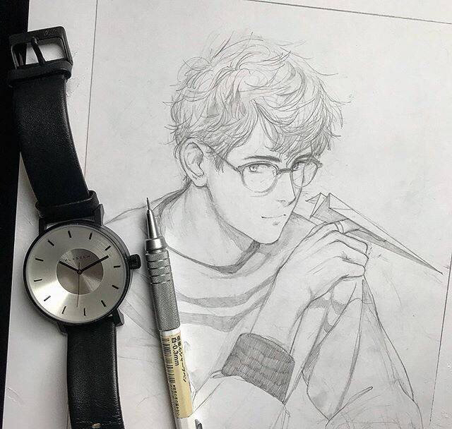 铅笔手绘,帅气的动漫男生线稿,戴眼镜的男生