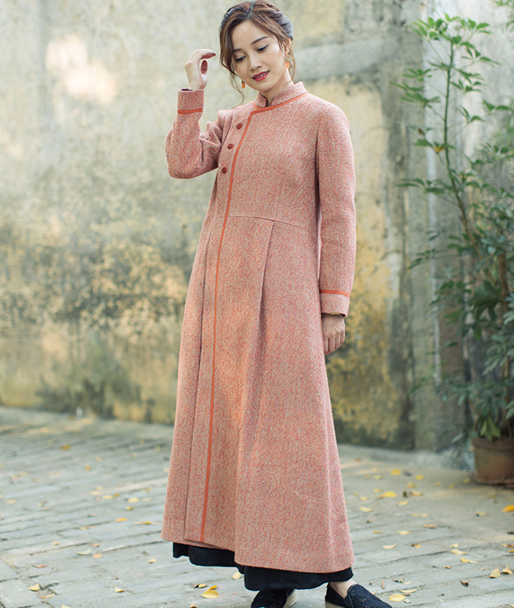 色织花呢长款中式连衣裙