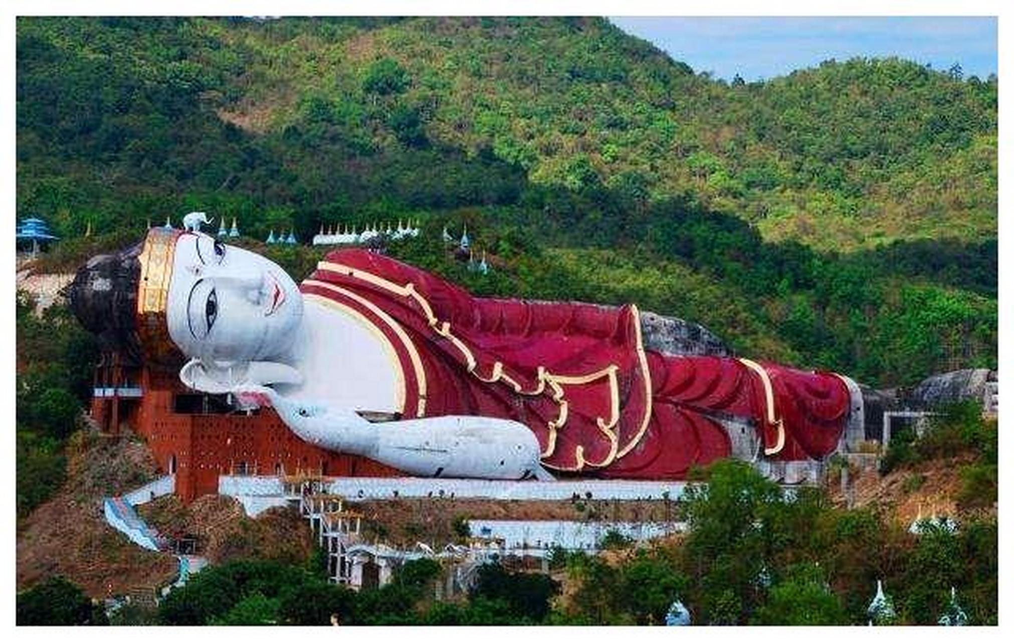 缅甸达隆卧佛是一座长达180米的巨大佛像,矗立于山脊之上,是世界上最