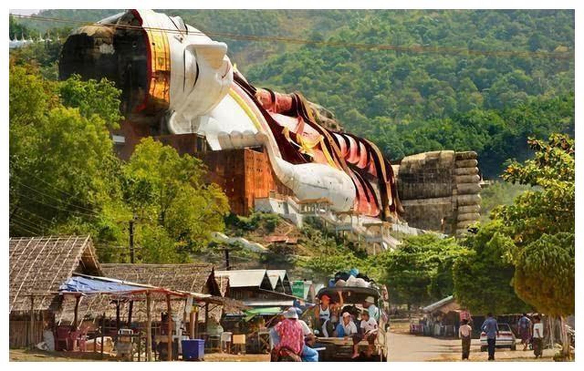 缅甸达隆卧佛是一座长达180米的巨大佛像,矗立于山脊之上,是世界上最