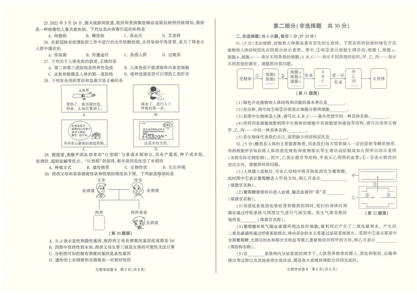 2022年陕西中考生物试卷原卷和标准答案