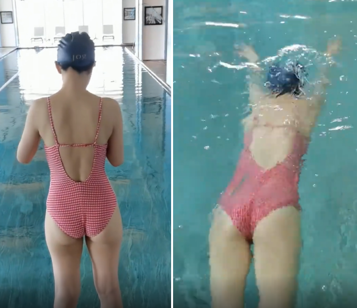 李梦素颜穿吊带泳装下水!紧绷泳衣勒出身形,一双大长腿格外吸睛
