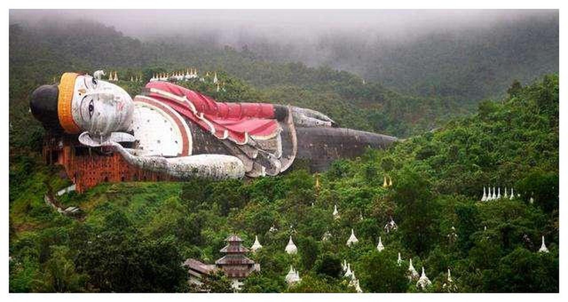 缅甸达隆卧佛是一座长达180米的巨大佛像,矗立于山脊之上,是世界上最