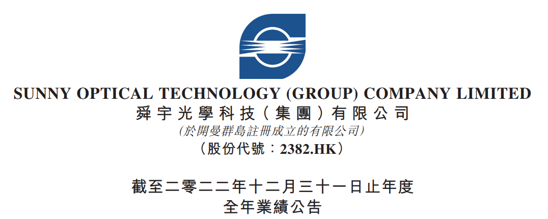 舜宇光学2022年度报告:营收下跌,净利减半