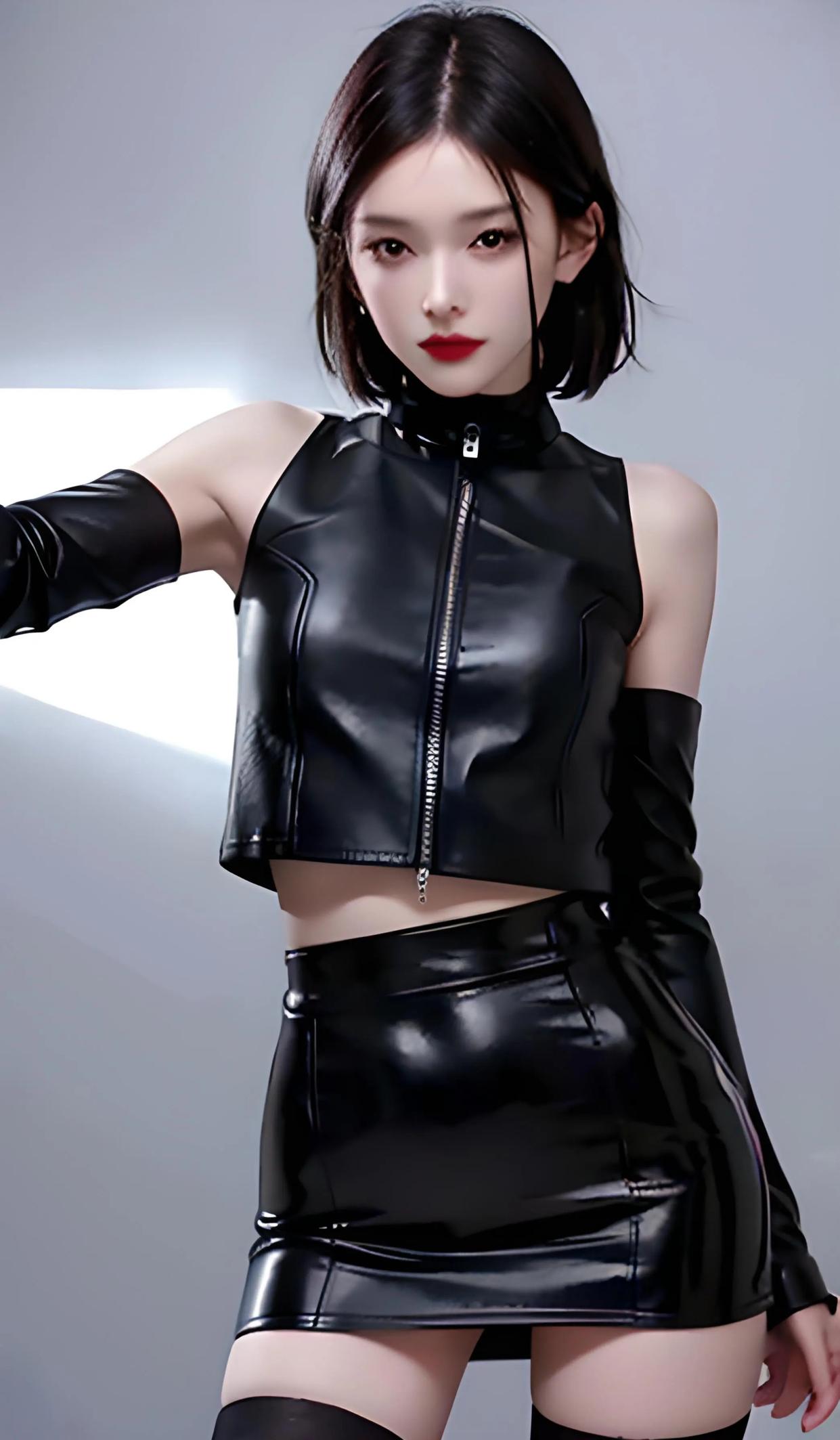 冷艳美女皮衣写真,短发气质更加迷人!