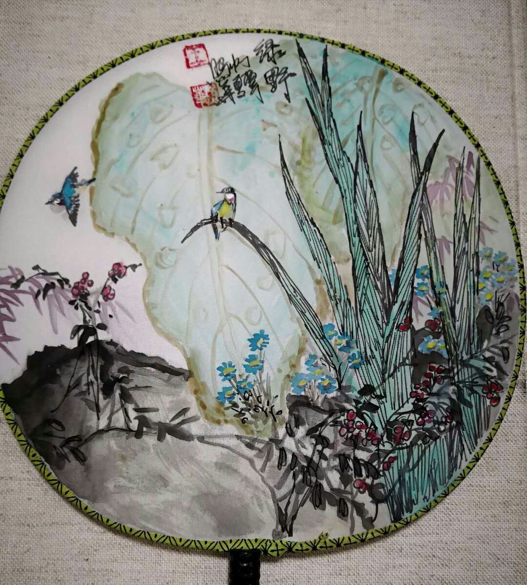 王照華花草孔雀團扇作品欣賞