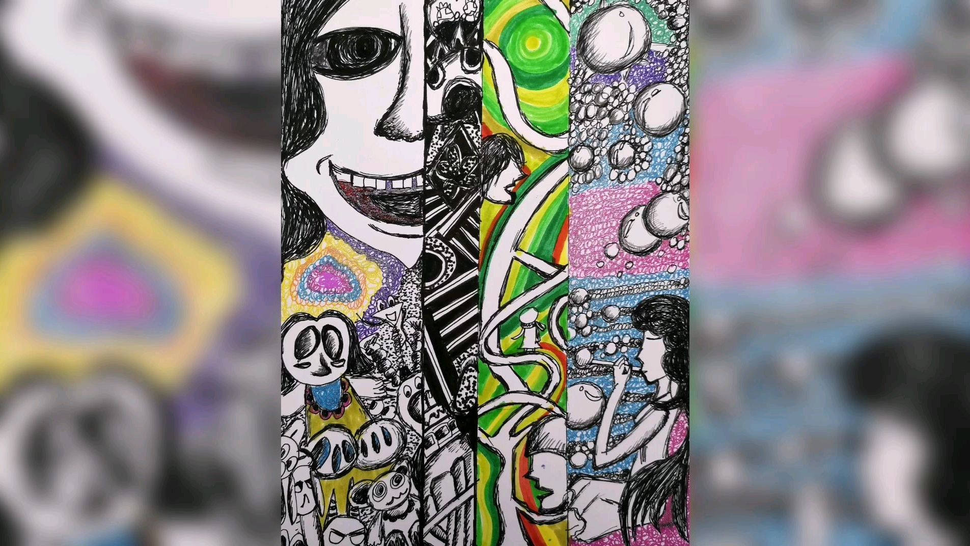这幅书签线描装饰画,有种与众不同的风格,能坚持画完很不容易!