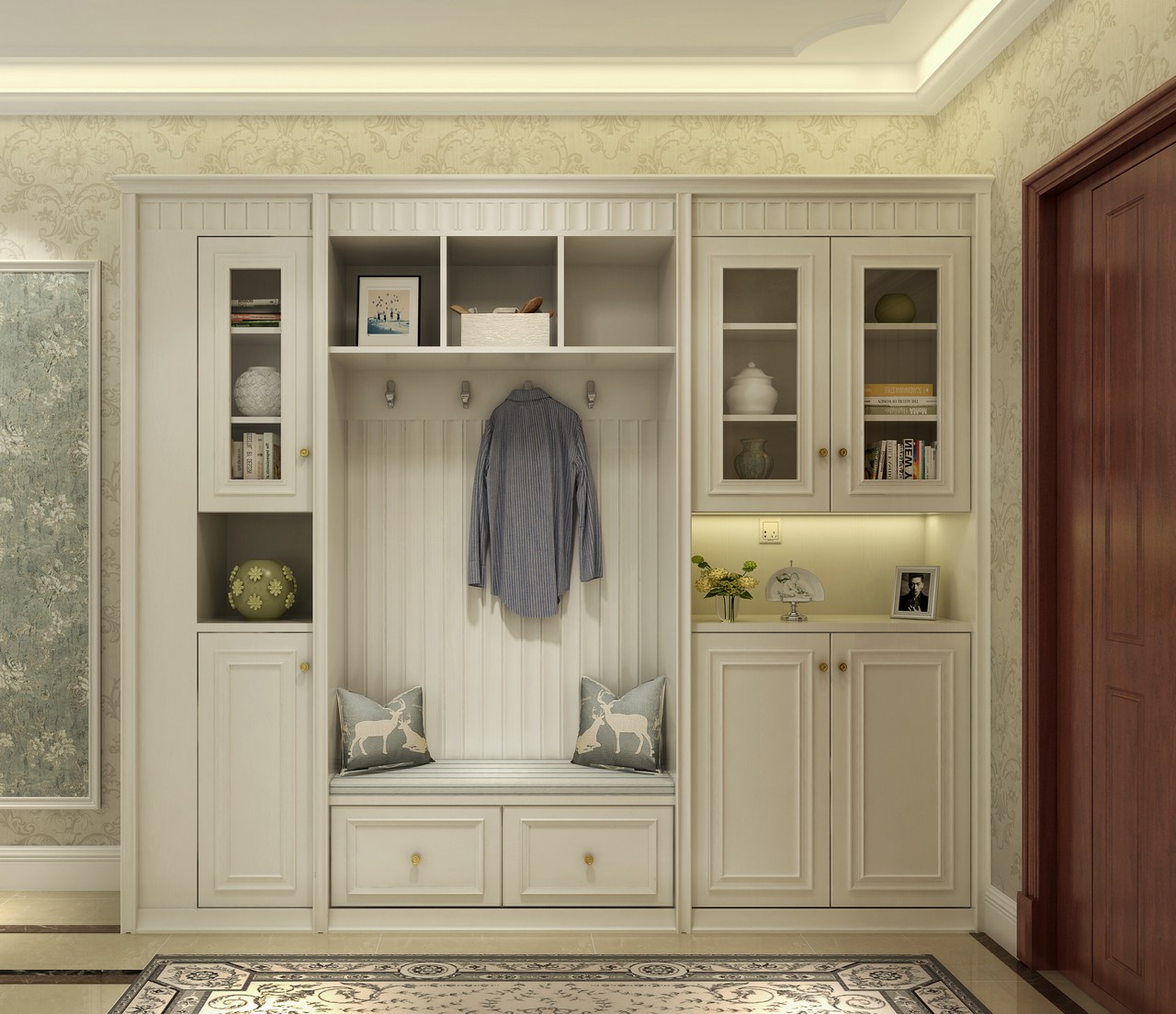 衣柜置顶提高空间利用率,设计一个开放挂物区,方便挂放换洗衣物.