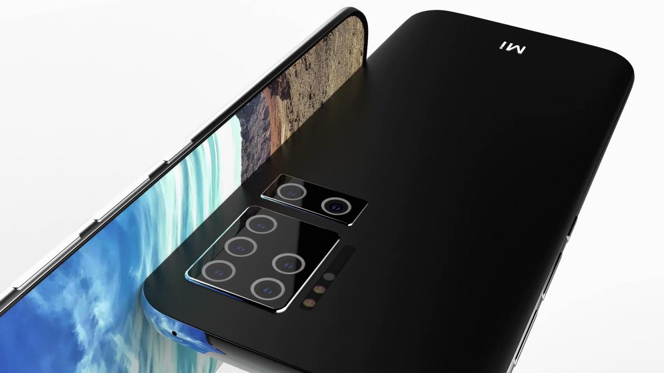 小米11pro的概念图,后置7颗摄像头,前置双摄像头安装在上边框中.