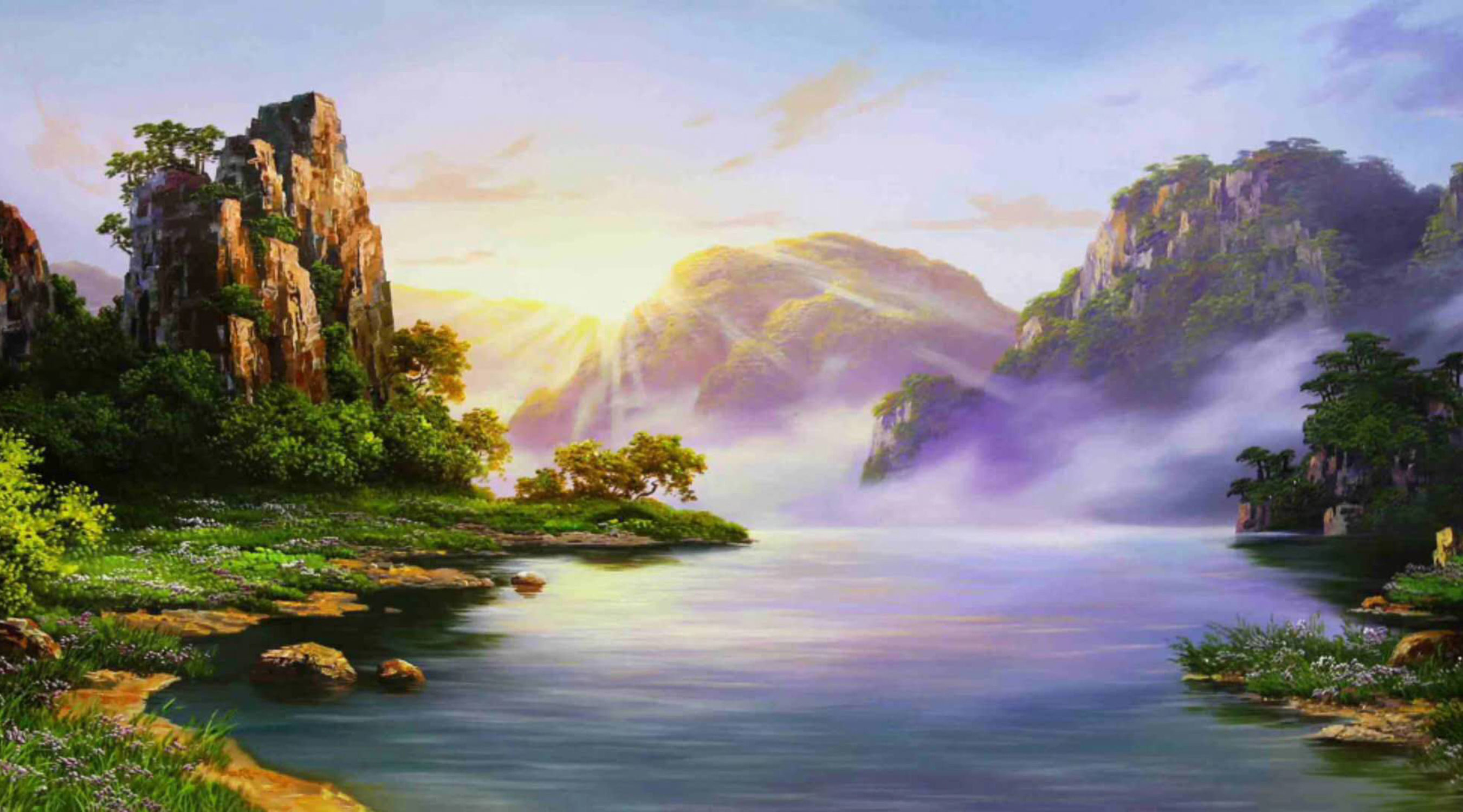 吉祥山水画,适合移植于墙绘的风景画