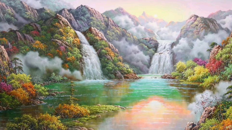 油画高山流水瀑布