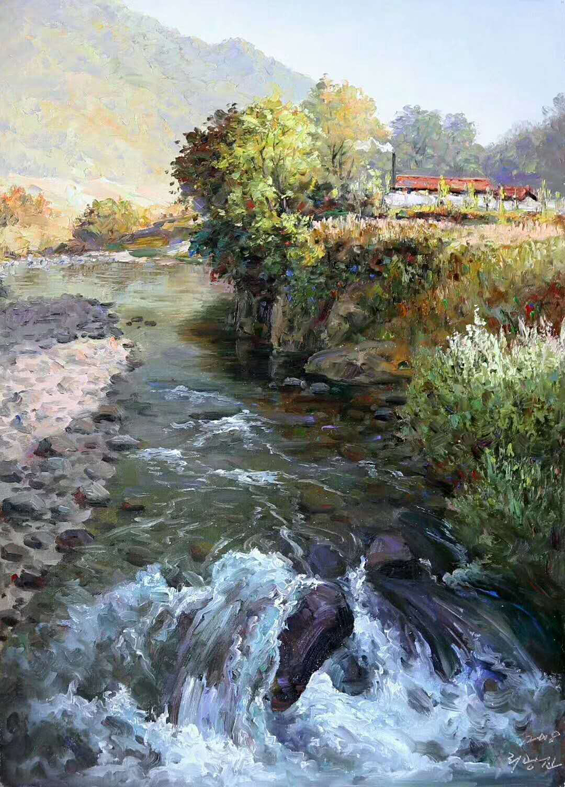 油画,小河溪的风景.