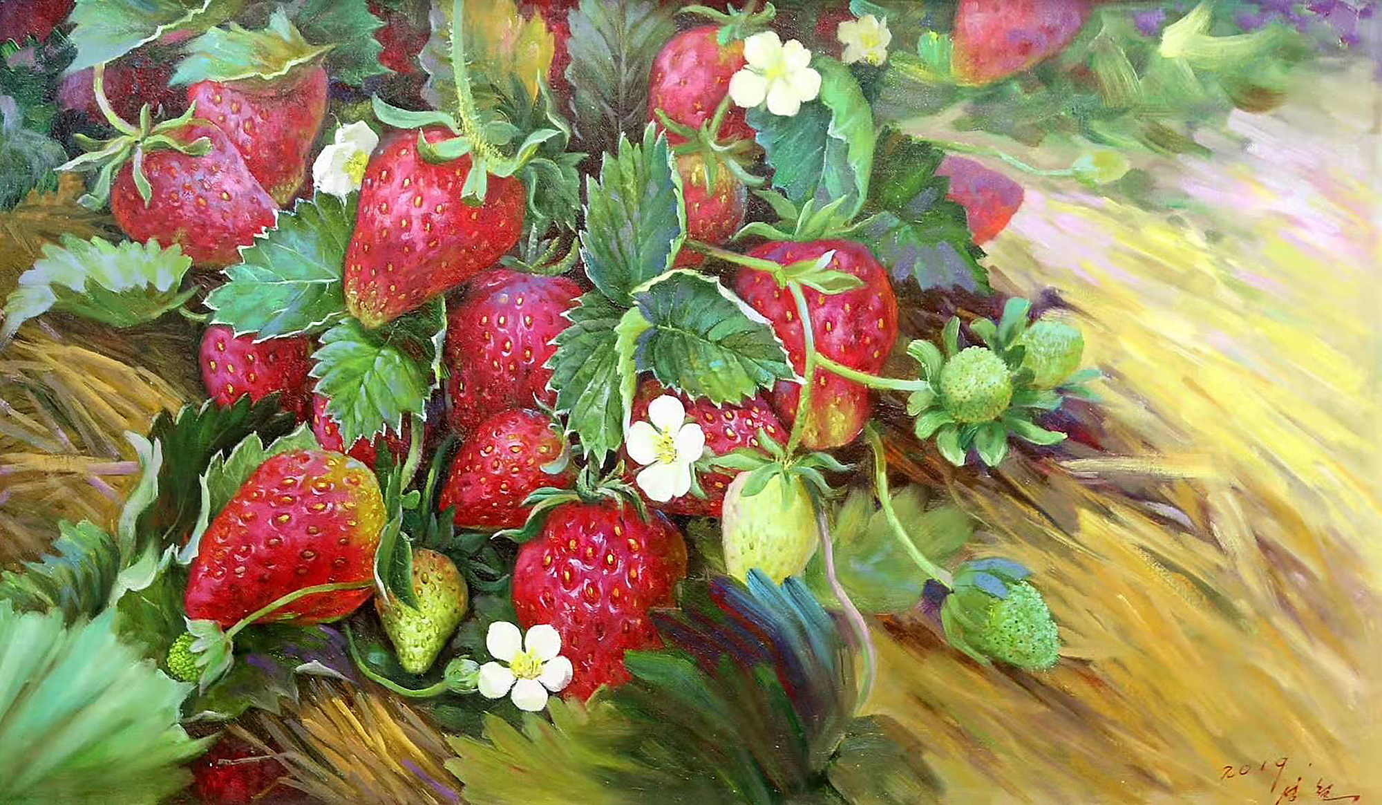 油画静物,草莓熟了