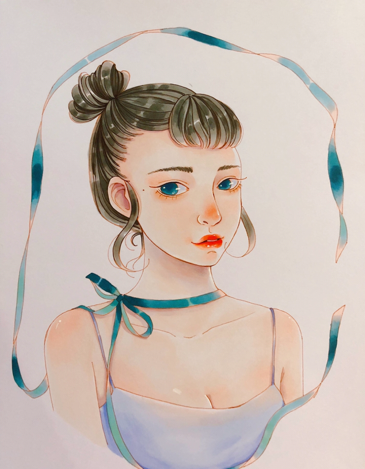 马克笔手绘,清新甜美的女孩,五官画的很精致