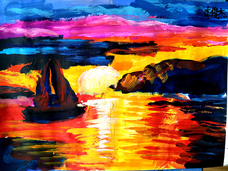 《夕阳下帆船》·水粉·2~3年级学生作品·少儿美术课题分享