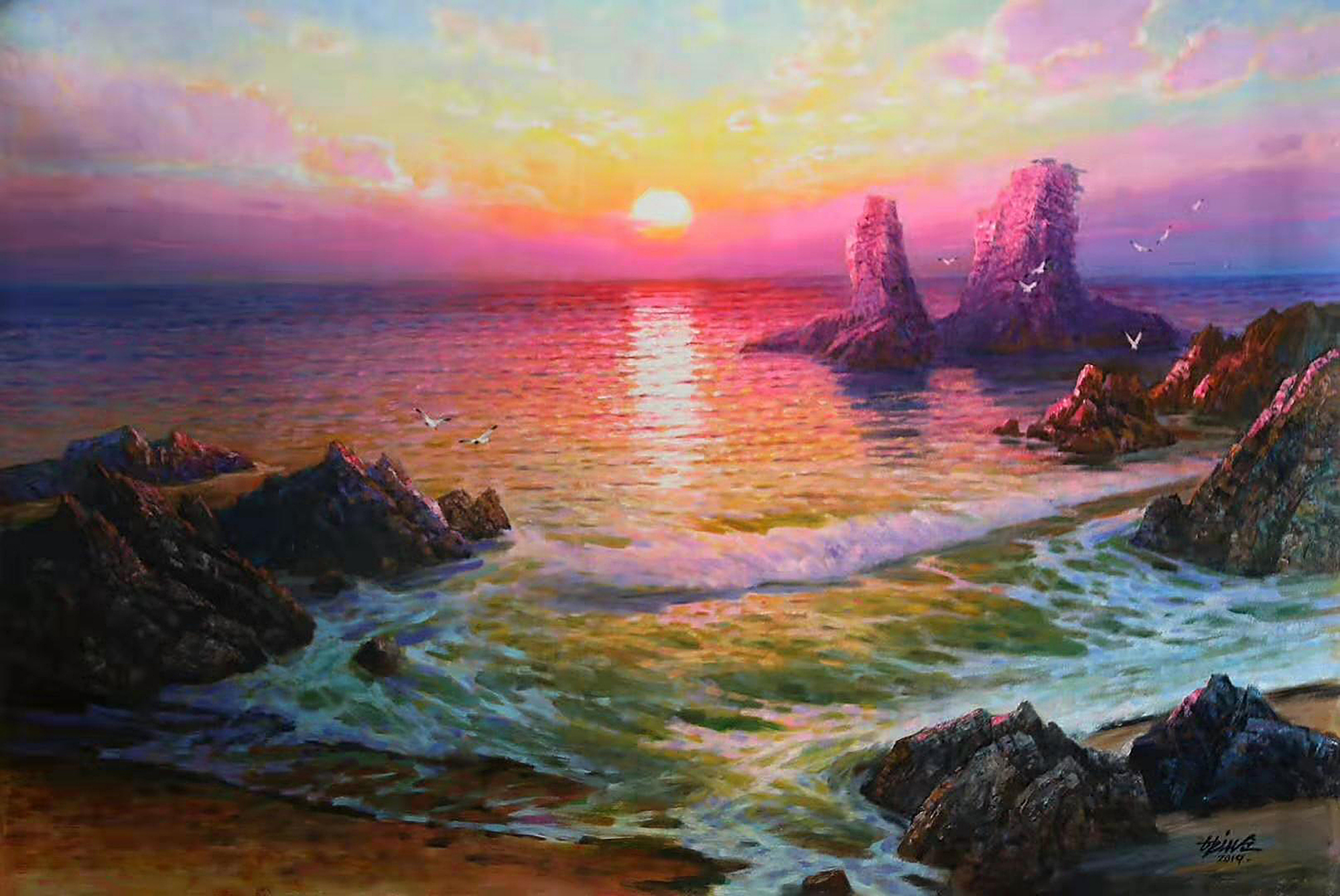 油画:绚丽的海上日出景色