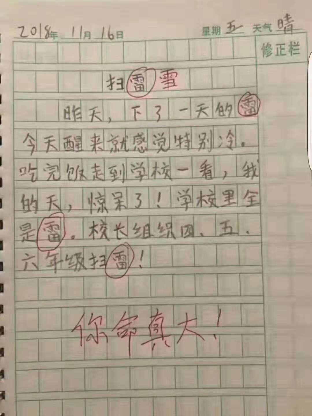 小学生的作文,老师评语"你命真大",看完你笑了没?