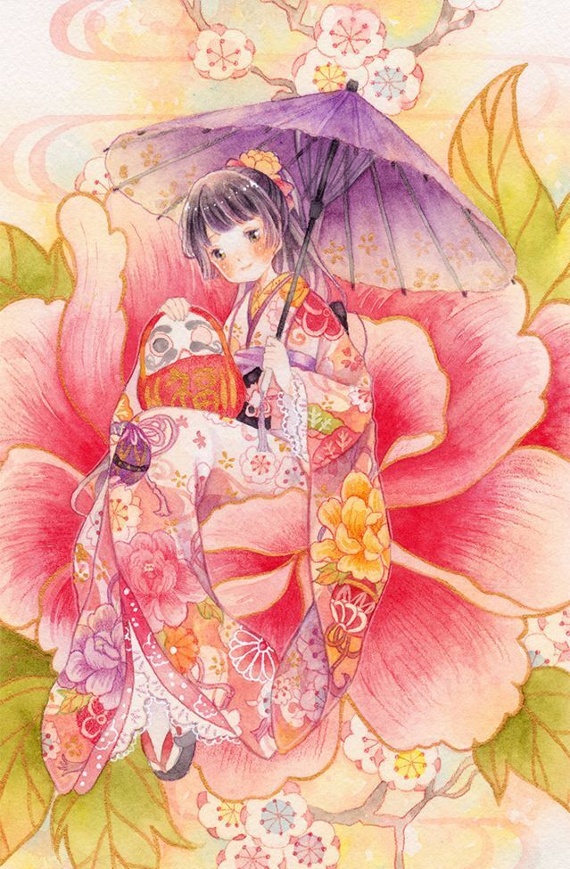 和风绘画,色彩丰富可爱的和风女孩插画,坐在金鱼上的和风女孩