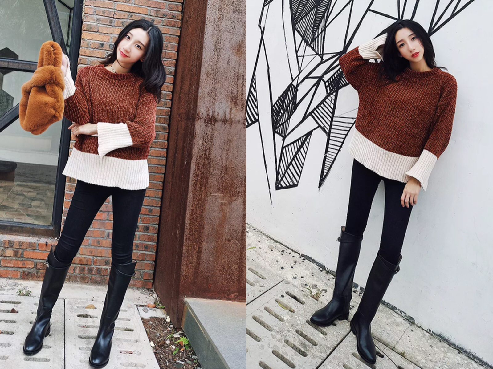 155-165女生的穿搭示范:过膝靴搭配紧身裤,拉长比例超显高!